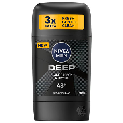 Nivea Men Stick Deep Black Carbon Innovative Reliable 48h Anti-Perspirant Protection Deodorant Stick Extra Gentle Care, Pack of 2, 2 x 50 ml, 48h Protection - The Essence Avenue