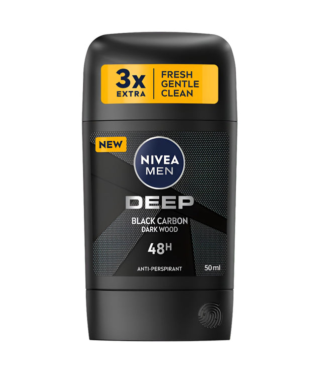 Nivea Men Stick Deep Black Carbon Innovative Reliable 48h Anti-Perspirant Protection Deodorant Stick Extra Gentle Care, Pack of 2, 2 x 50 ml, 48h Protection - The Essence Avenue