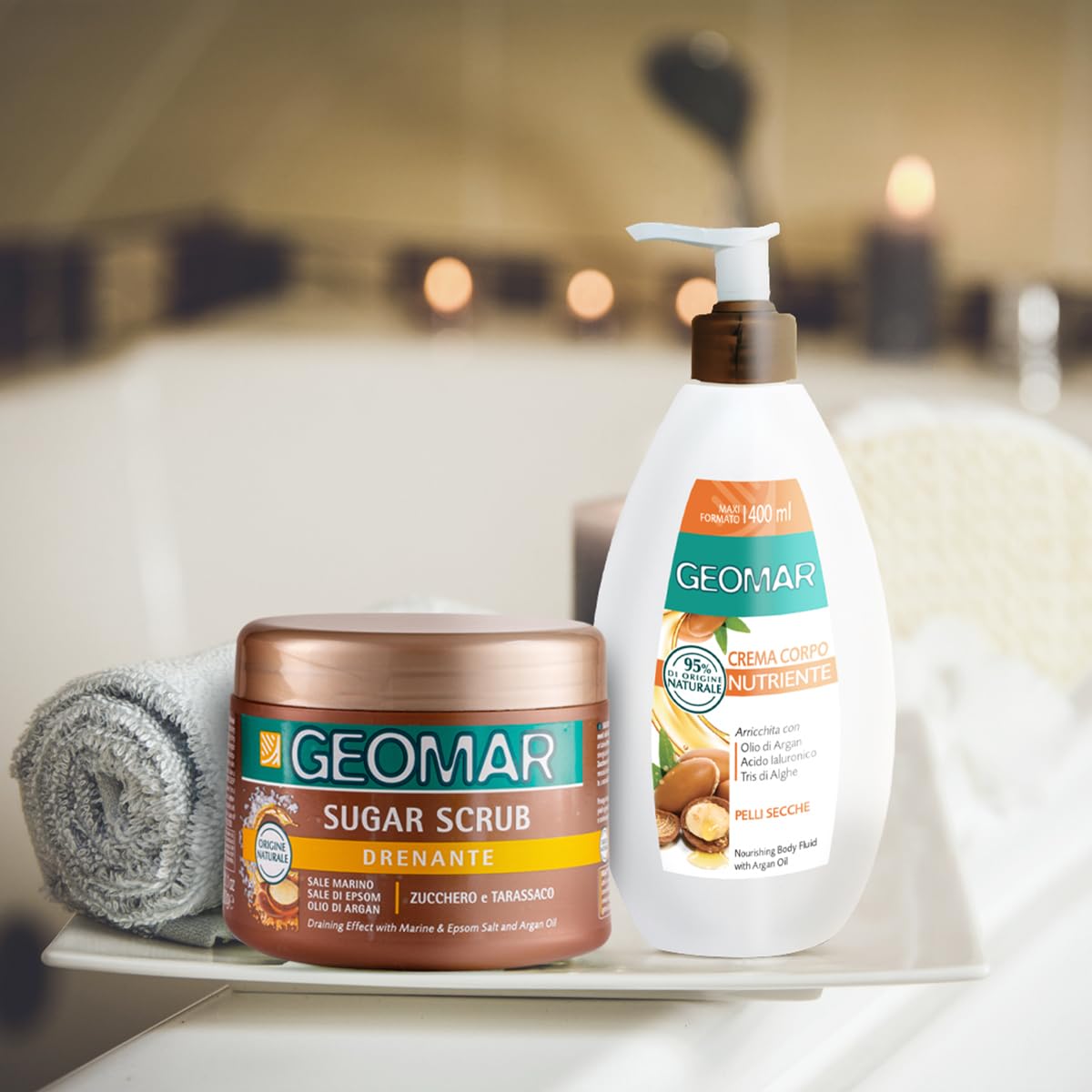 Geomar Sugar Scrub 600g, jar next to body lotion