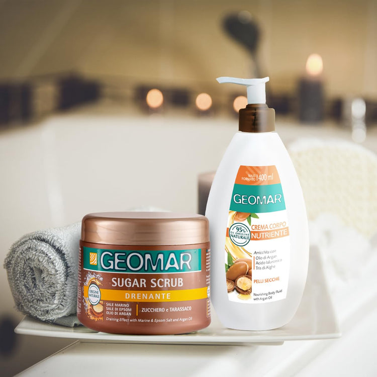 Geomar Sugar Scrub 600g, jar next to body lotion