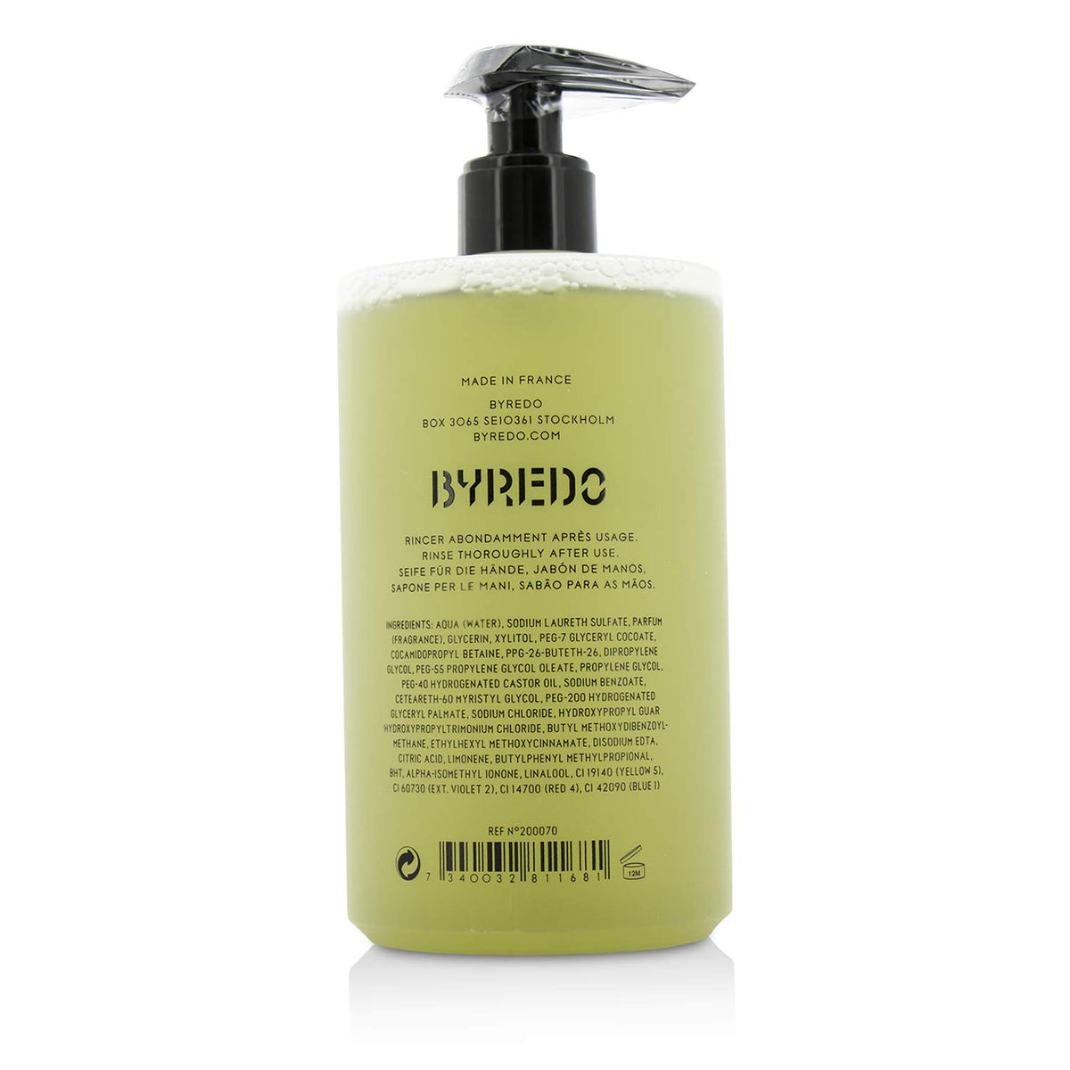 Byredo Vetyver Hand Wash 450ml, back of pump bottle