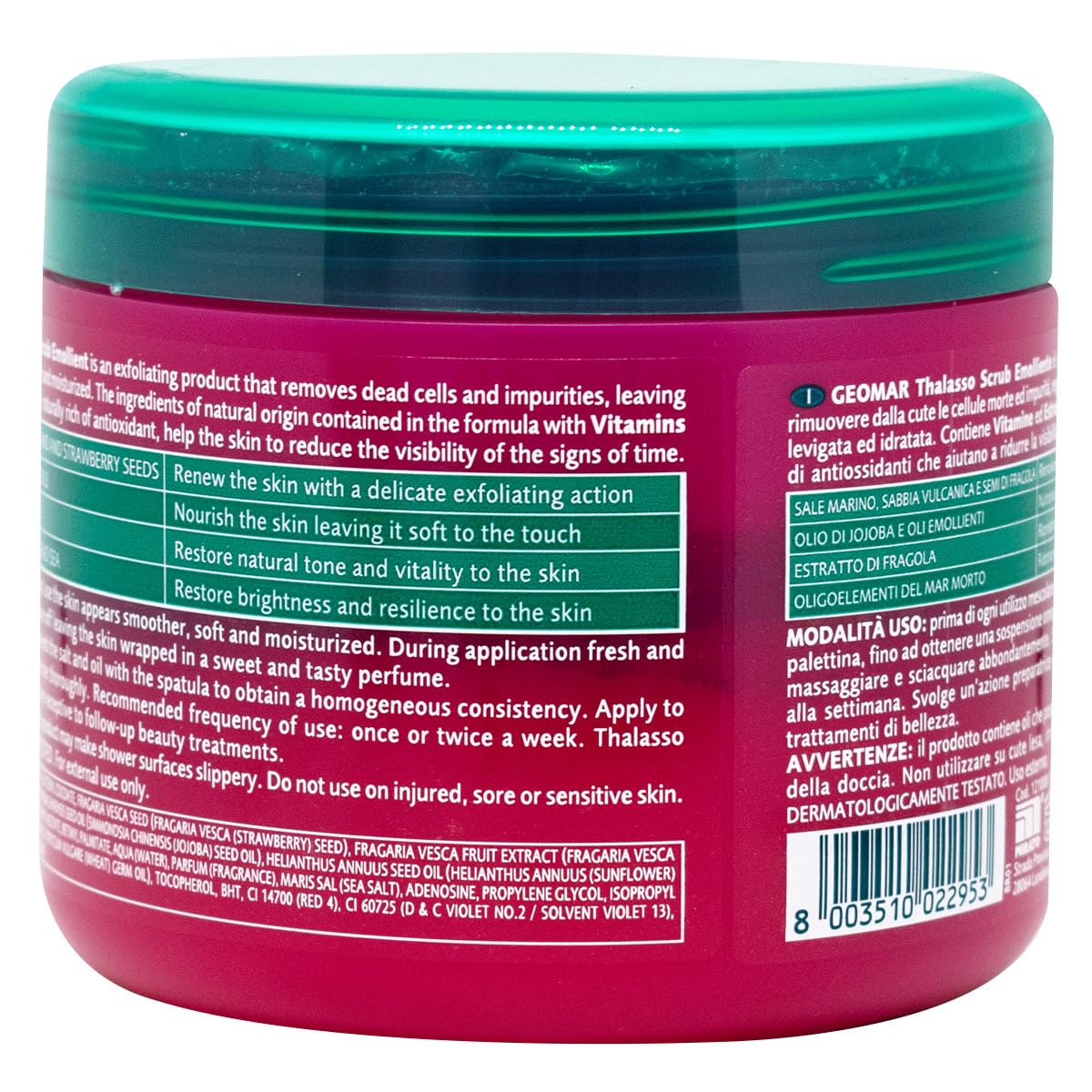 Geomar Thalasso Scrub with Sea Salt and Strawberries 600g, back of jar