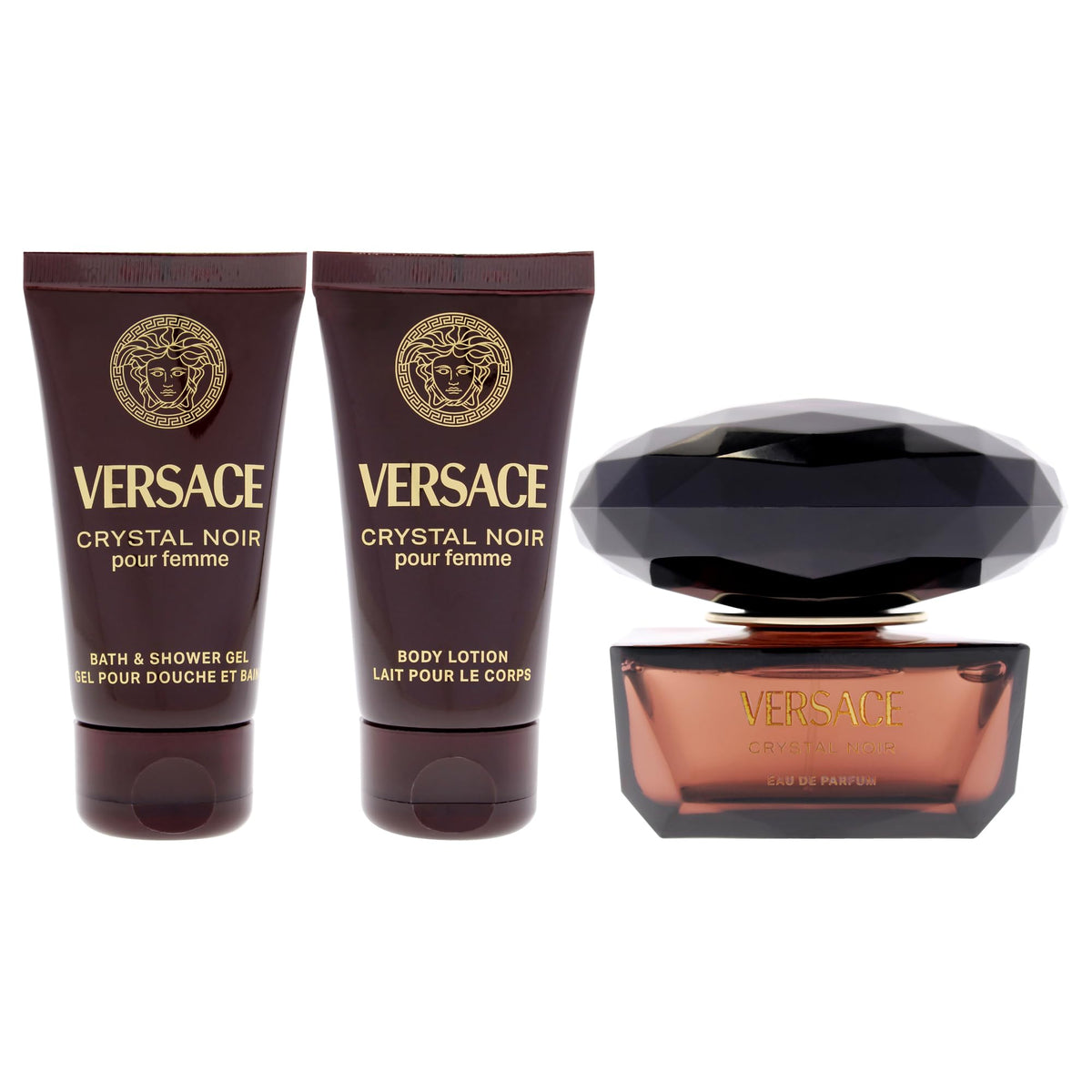 Versace Crystal Noir Eau de Parfum gift set (50ml EDP, body lotion, shower gel), bottle and tubes