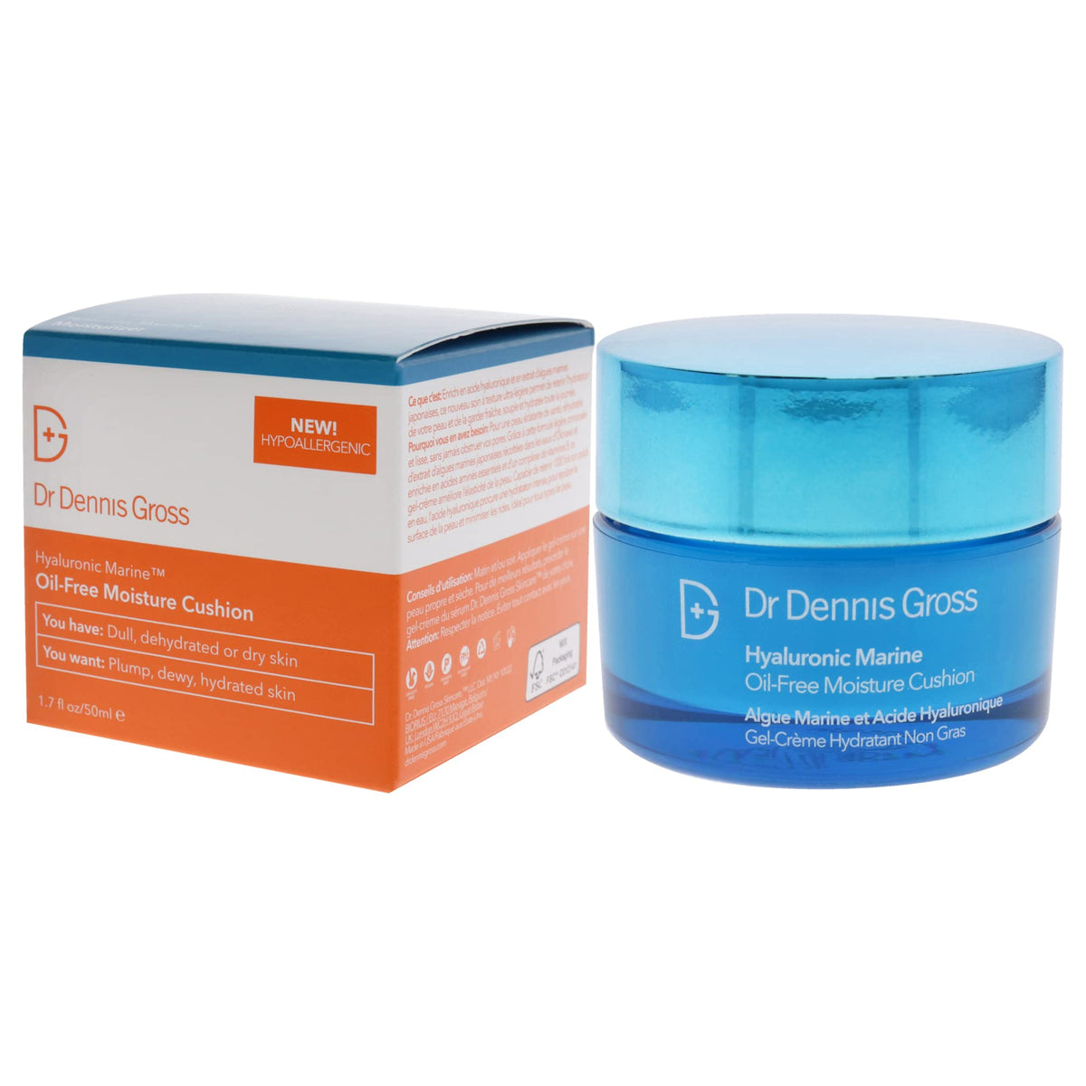 Dr. Dennis Gross Hyaluronic Marine Oil-Free Moisture Cushion 50ml, box and jar, side view