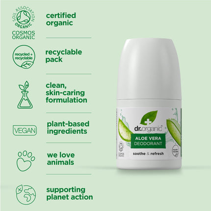 Dr Organic Aloe Vera Deodorant, Aluminium Free, Mens, Womens, Natural, Vegan, Cruelty-Free, Paraben & SLS-Free, Recycled & Recyclable, Organic, 50ml - The Essence Avenue