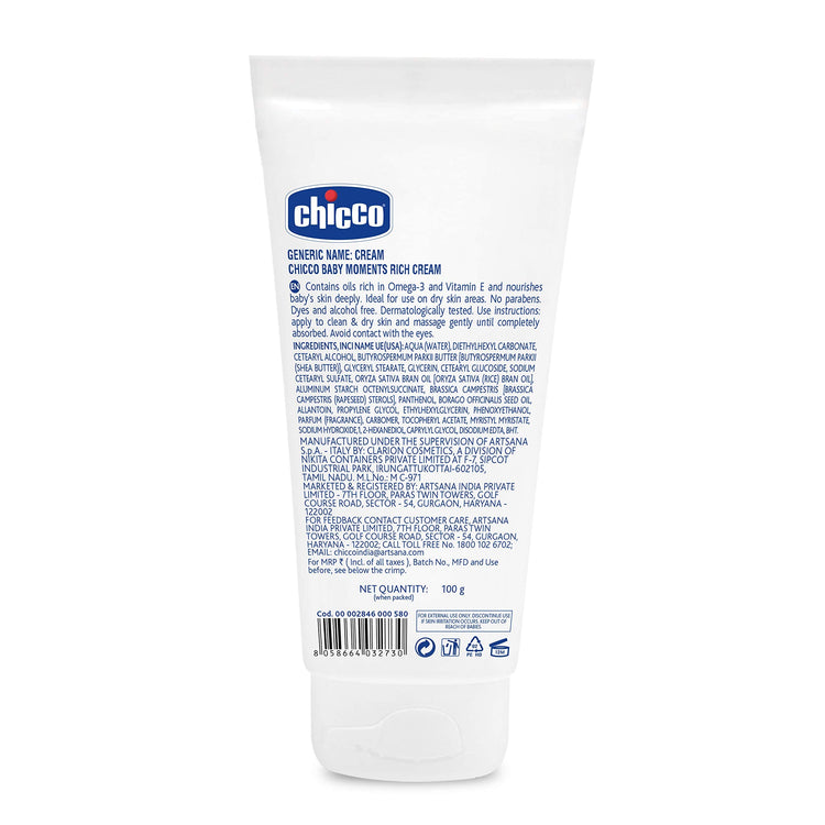 Chicco Rich Cream 100ml, back of tube