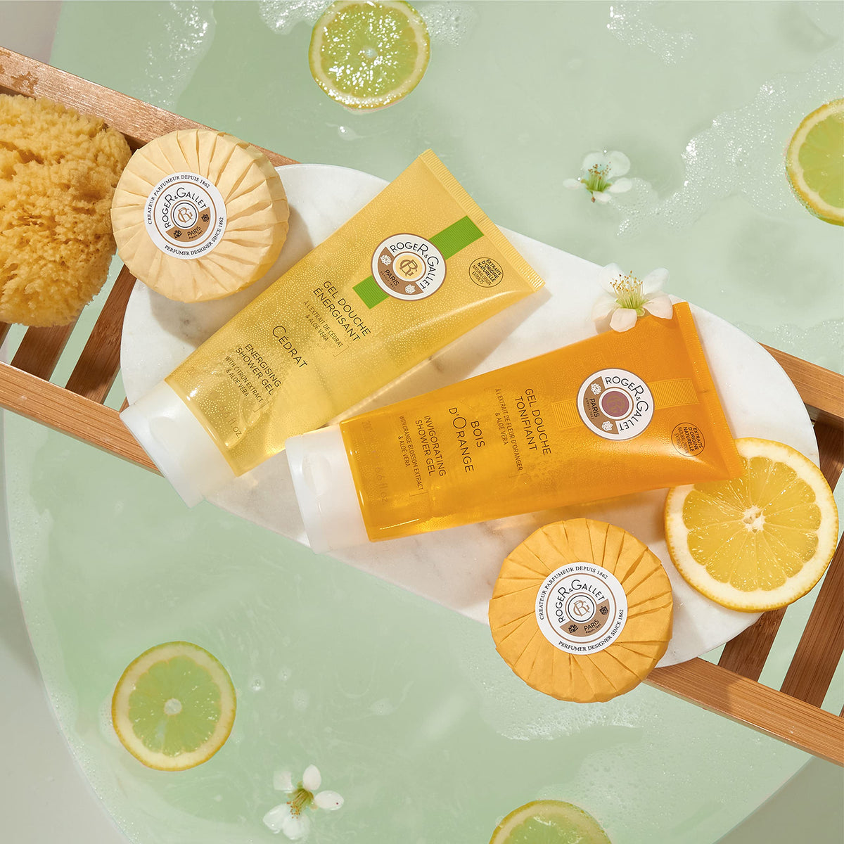 Roger & Gallet Bois d'Orange Shower Gel 200ml, products in a bath tray