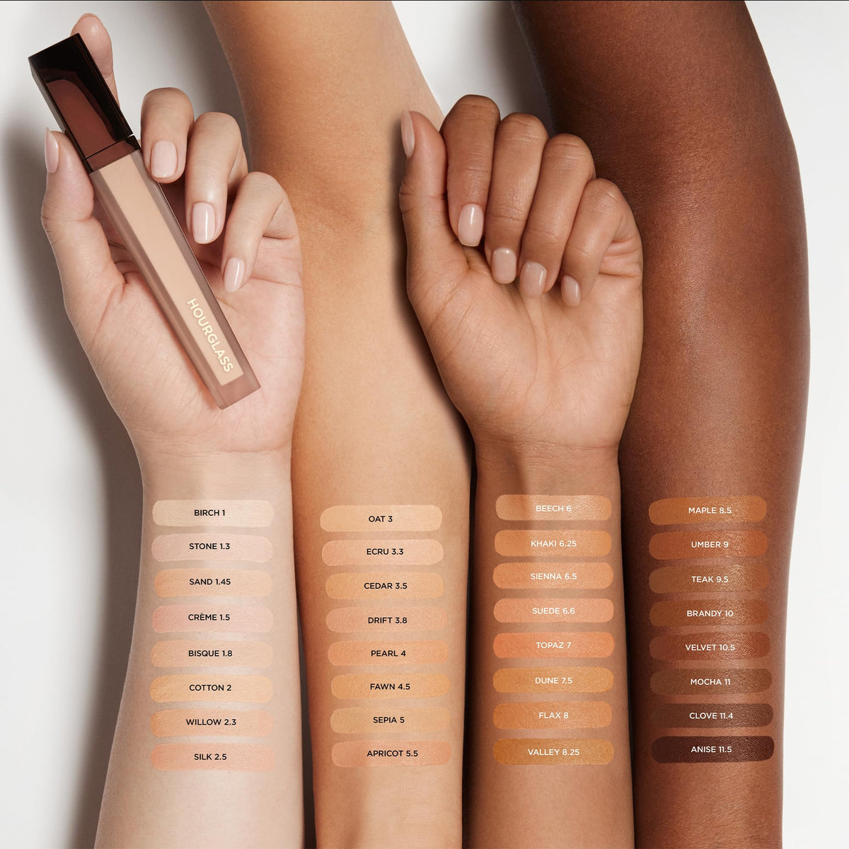 Hourglass Vanish Airbrush Concealer, Silk, shade swatches on arms