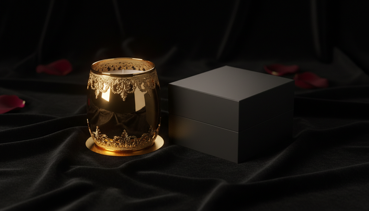 A gold candle beside a plain gift box on dark velvet